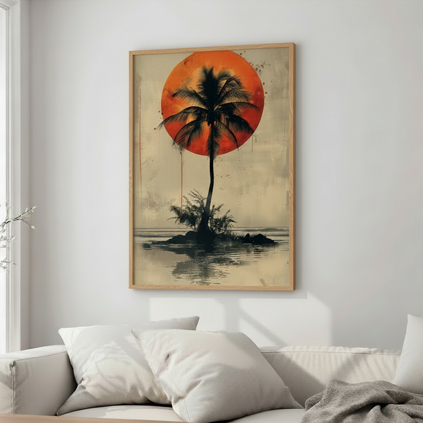 Palm tree wall art with sunset reflection over water in minimalist living room