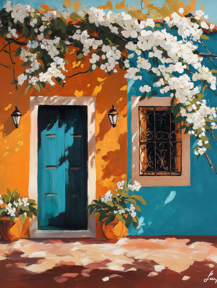 Wadi Home painting of a teal Mediterranean doorway with white blooming flowers, wrought-iron window, and potted plants.