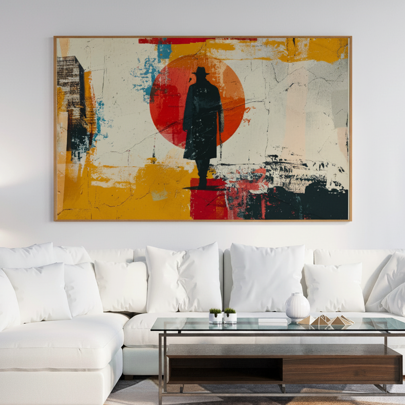 Abstract wall art with silhouette figure and red sun in modern living room