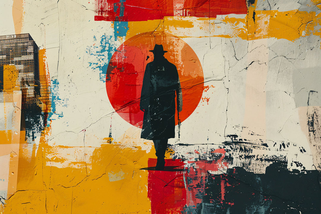 Wadi Home abstract wall art with a silhouetted figure against a red circle, textured background, and vibrant colors.