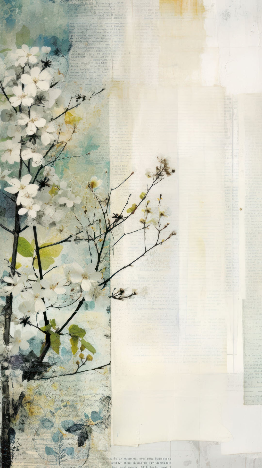 Wadi Home abstract floral branch wall art with white blossoms on textured mixed-media background in blues, creams, and yellows.