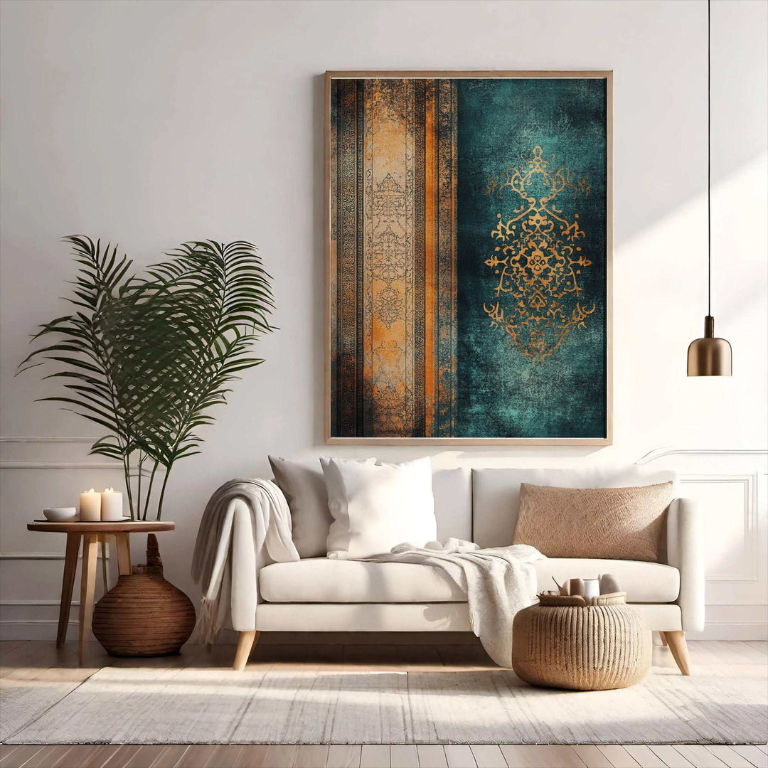 Arabic pattern wall art with gold details on teal textured background in modern living room