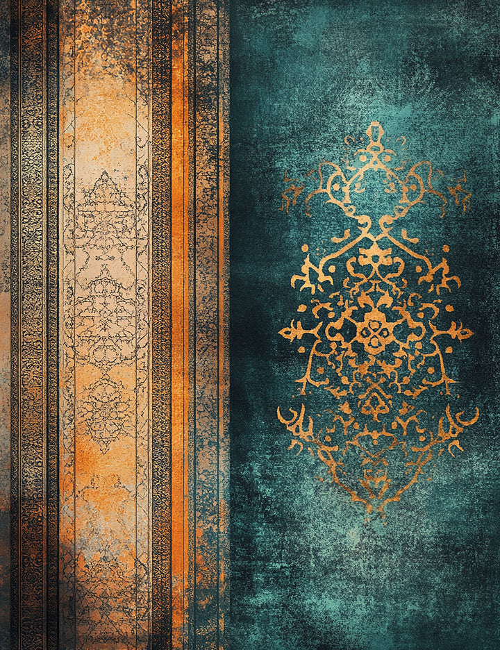 Wadi Home abstract oriental pattern wall art with teal, gold, and earthy tones. Features intricate gold detailing on a textured teal background.