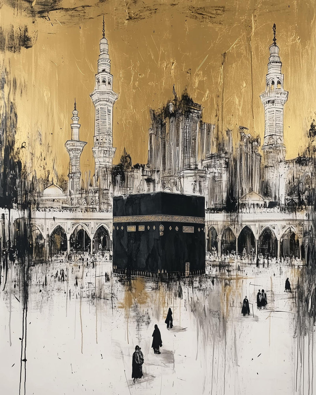 Wadi Home Islamic Mosque Wall Art featuring the Kaaba and minarets in black and white ink on a gold background.