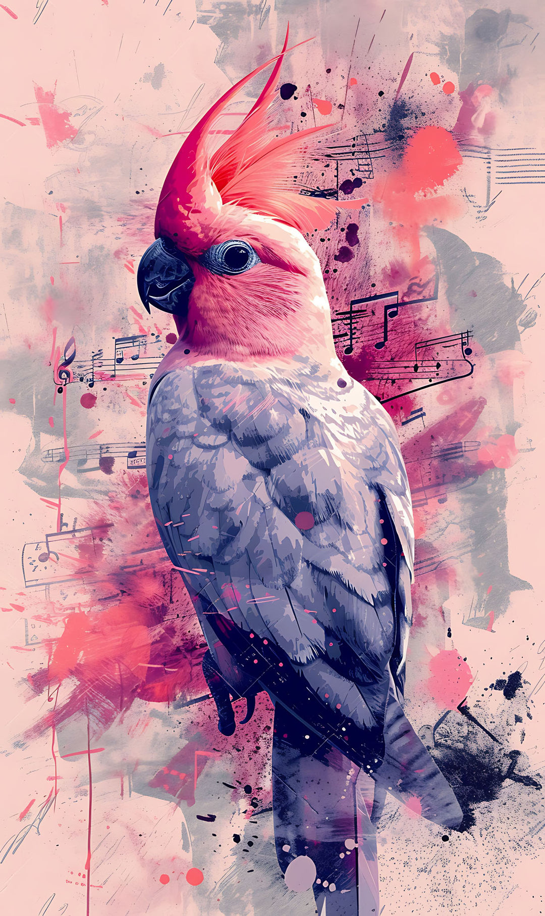 Wadi Home Pink Cockatoo watercolor art print with musical notes background. Features pink and gray tones.