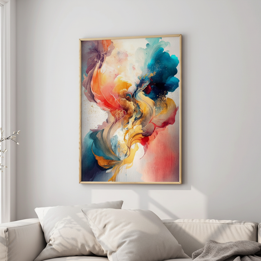 Vibrant abstract wall art with flowing colors in modern minimalist living room