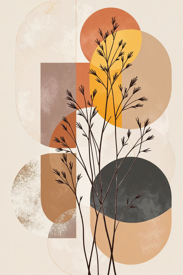 Wadi Home abstract botanical geometric wall art with terracotta, ochre, black, and cream colors. Features organic shapes and clean lines.