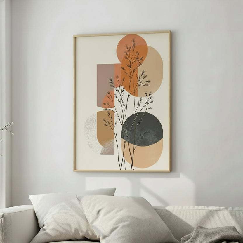 Abstract botanical wall art with earthy tones and minimalist plant design in modern living room