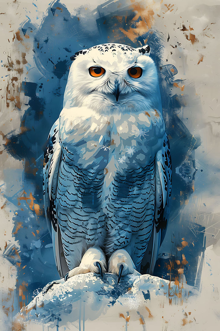 Wadi Home Majestic Snowy Owl watercolor art with piercing orange eyes, blue and white tones.