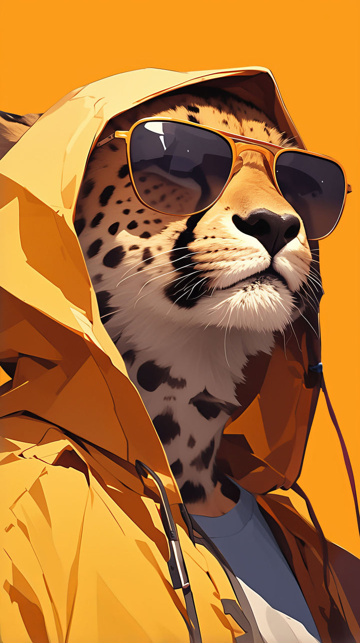 Wadi Home canvas print of a cheetah wearing a yellow hoodie and sunglasses against a bold orange background.