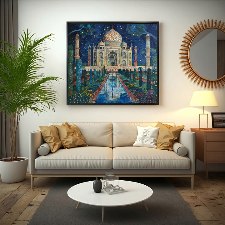 Wadi Home Taj Mahal Night Garden canvas print featuring the monument under a starry sky with lush gardens and a reflection pool.