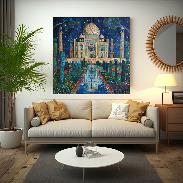 Wadi Home Taj Mahal Night Garden canvas print featuring the monument under a starry sky with lush gardens and reflection pool.