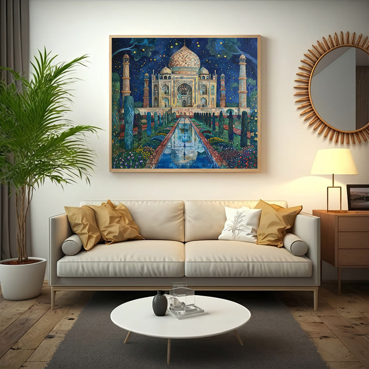 Wadi Home Taj Mahal Night Garden canvas print featuring the monument under a starry sky with lush gardens and reflection pool.
