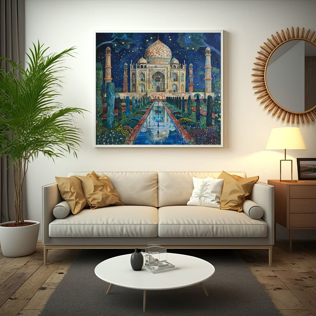 Wadi Home Taj Mahal Night Garden canvas print featuring the monument under a starry sky with lush gardens and reflection pool.