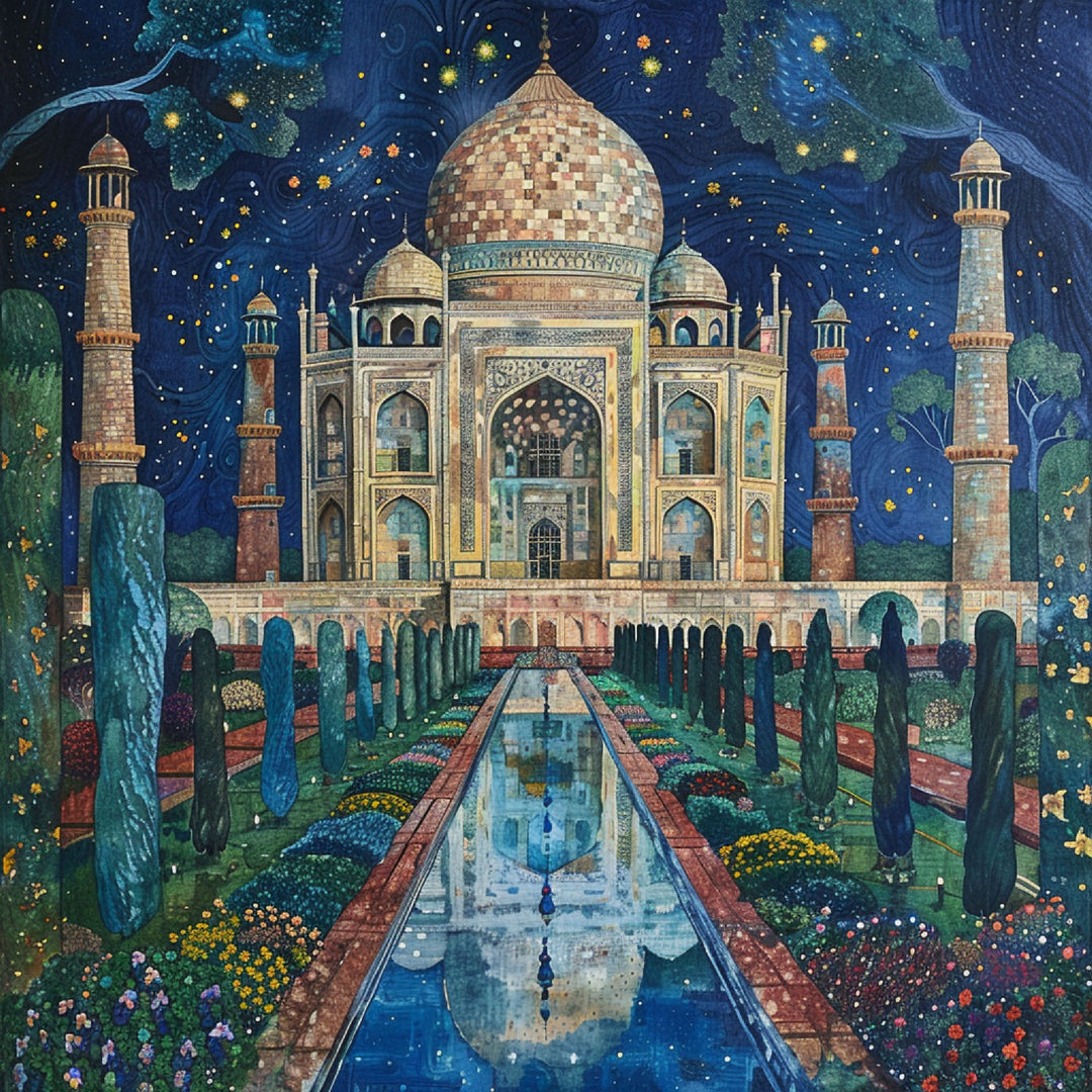 Wadi Home Taj Mahal Night Garden canvas print featuring the monument under a starry sky with lush gardens and reflection pool.