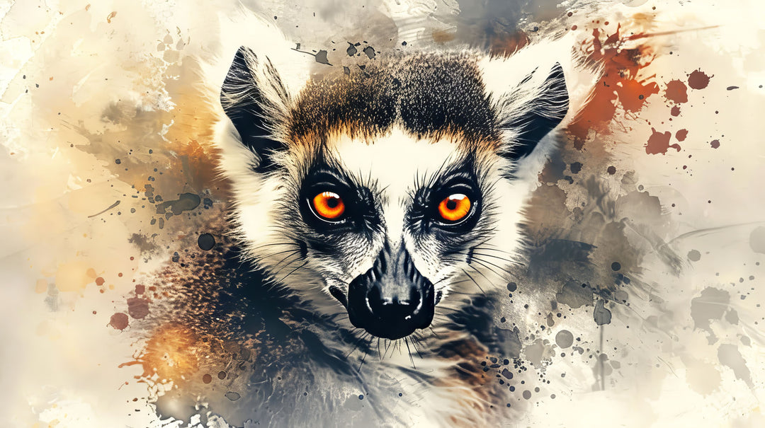 Wadi Home framed canvas print of a ring-tailed lemur with striking orange eyes, rendered in a watercolor splash art style.