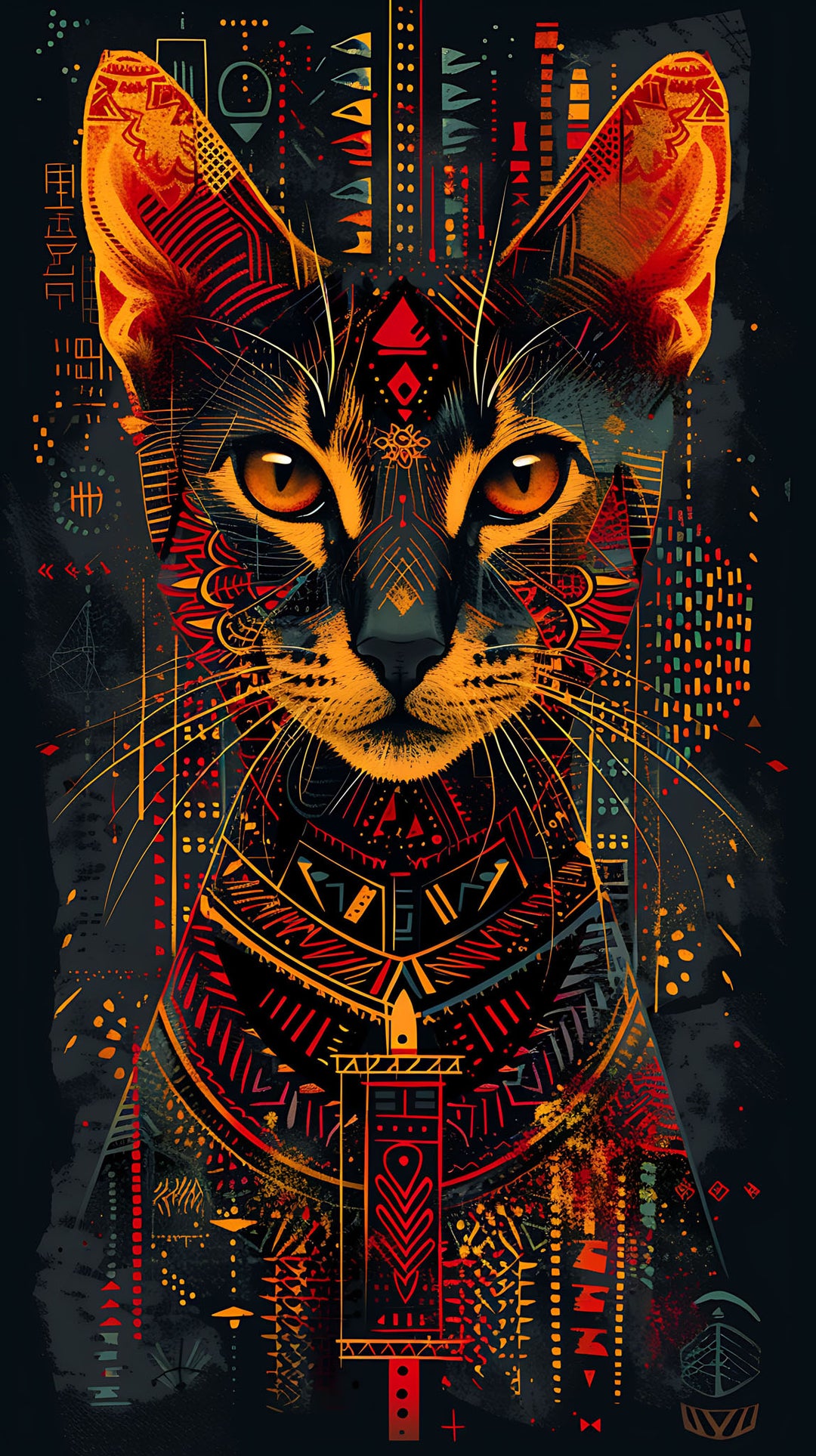 Wadi Home abstract cat portrait wall art with geometric patterns in dark, vibrant colors.