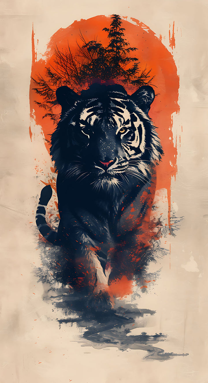 Wadi Home abstract wall art of a tiger emerging from a misty forest against an orange sunset.