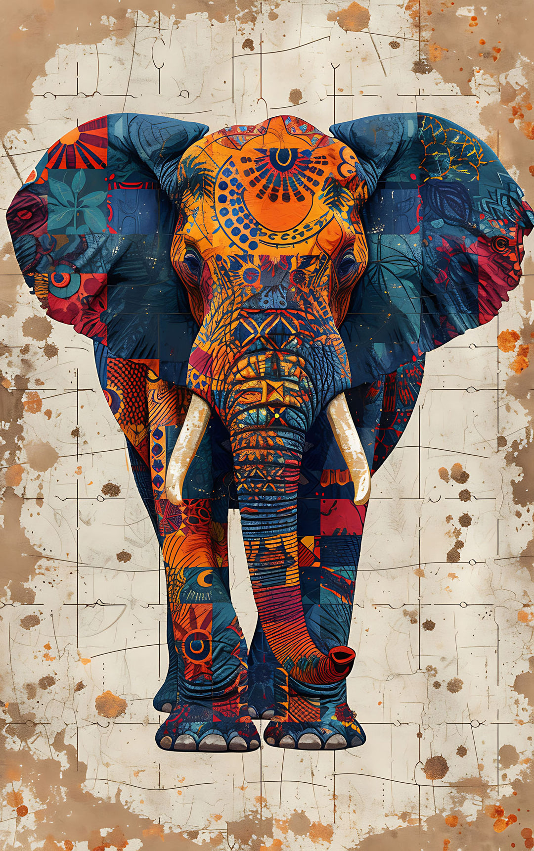 Wadi Home bohemian elephant wall art with colorful intricate patterns on a textured background.