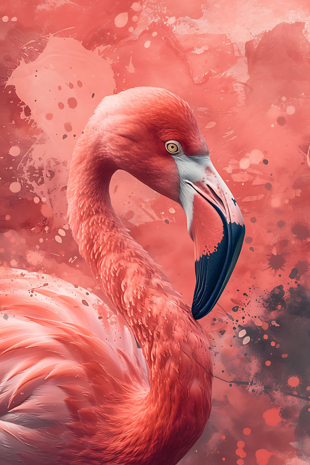 Wadi Home flamingo watercolor wall art with vibrant coral and pink hues, abstract splashes, and splatters.