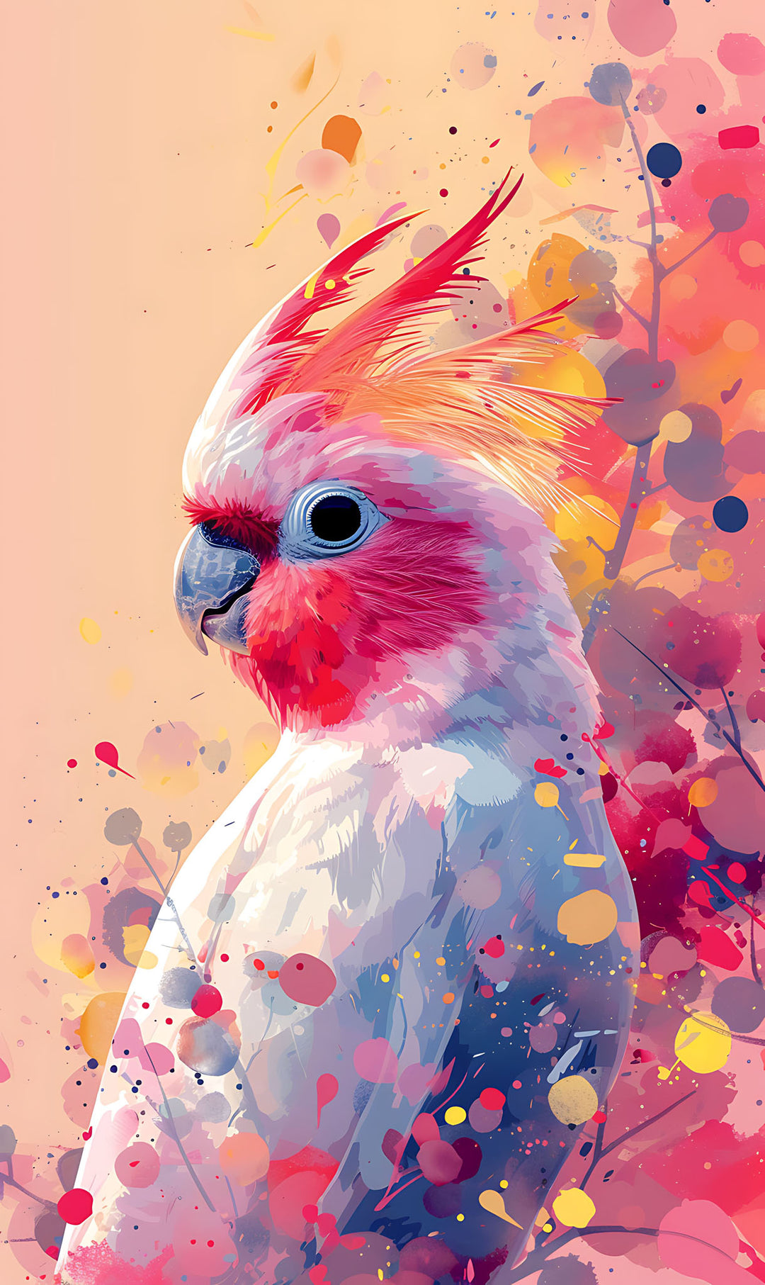 Wadi Home abstract cockatoo wall art with pink, blue, and yellow watercolor splashes. Modern statement piece.