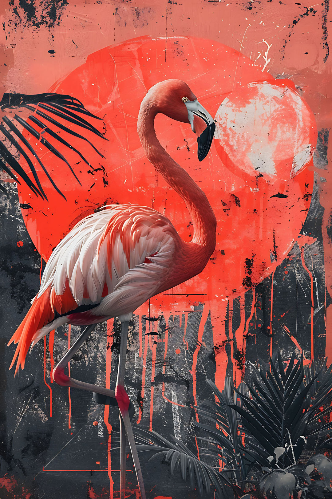 Wadi Home Flamingo in Tropical Jungle wall art, vibrant pink flamingo against a fiery sunset and lush jungle foliage.