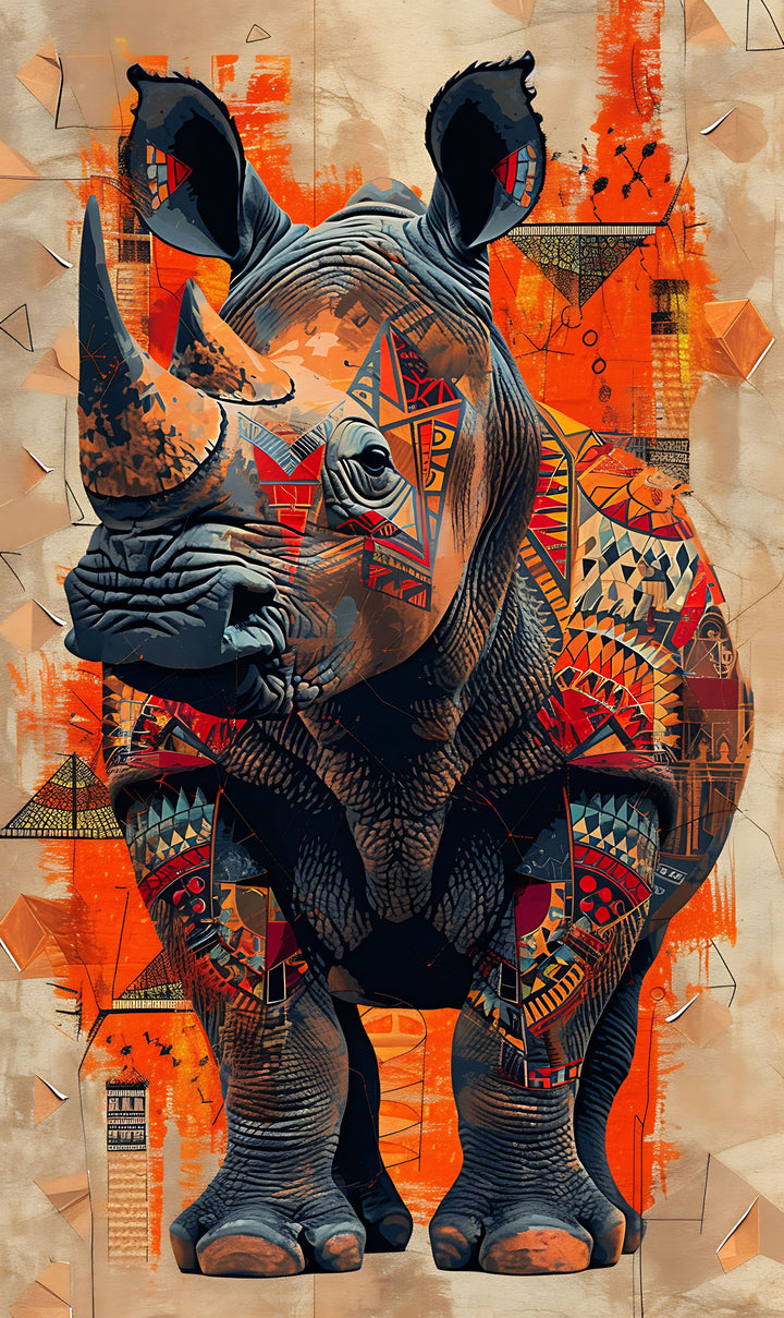 Wadi Home Tribal Rhino Wall Art with intricate patterns and vibrant orange abstract background. A bold statement piece.