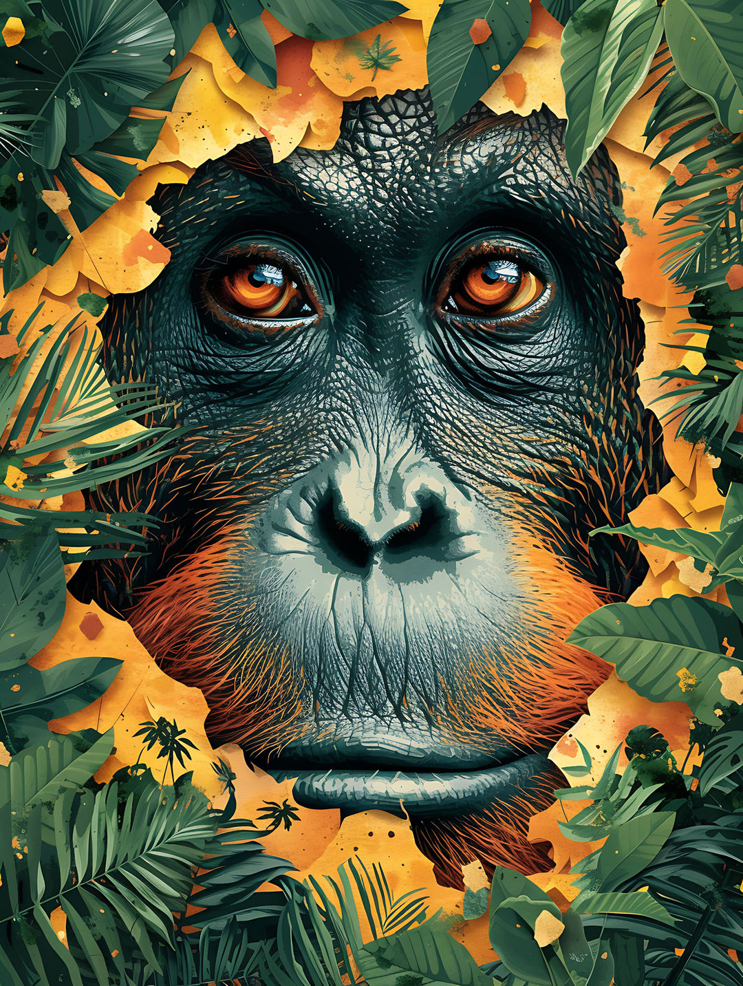 Wadi Home orangutan peeking through jungle leaves wall art. Features a close-up of an orangutan's face with intense orange eyes surrounded by lush green leaves.