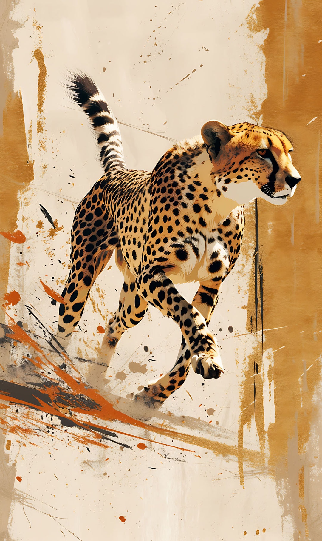 Wadi Home abstract cheetah running wall art with ochre, orange, and black splashes. Modern canvas art.