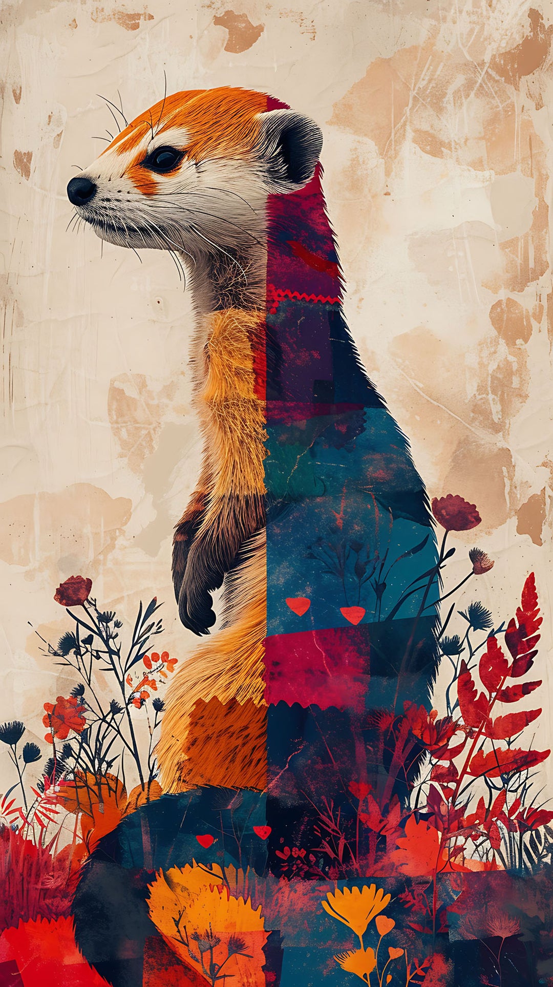 Wadi Home abstract animal portrait wall art, geometric otter with colorful squares and botanical elements.