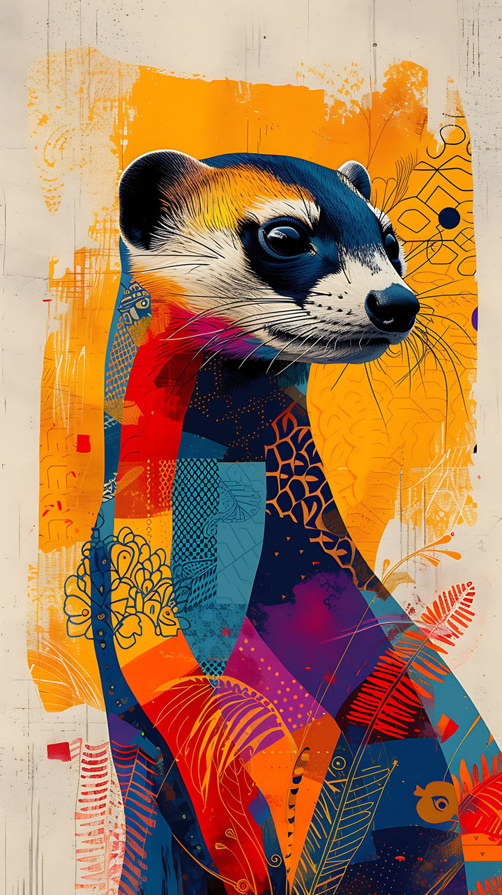 Wadi Home abstract art print of a colorful ferret with geometric patterns and vibrant orange background.