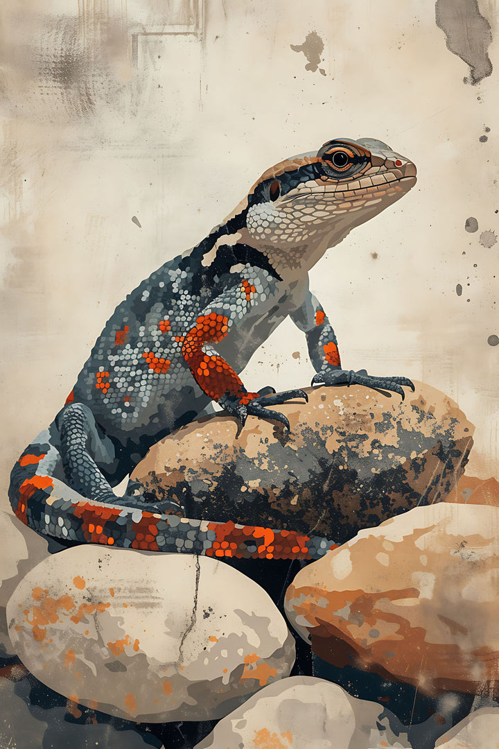 Wadi Home Lizard on Rocks Wall Art, featuring a detailed illustration of a colorful lizard on natural stones with earthy tones.