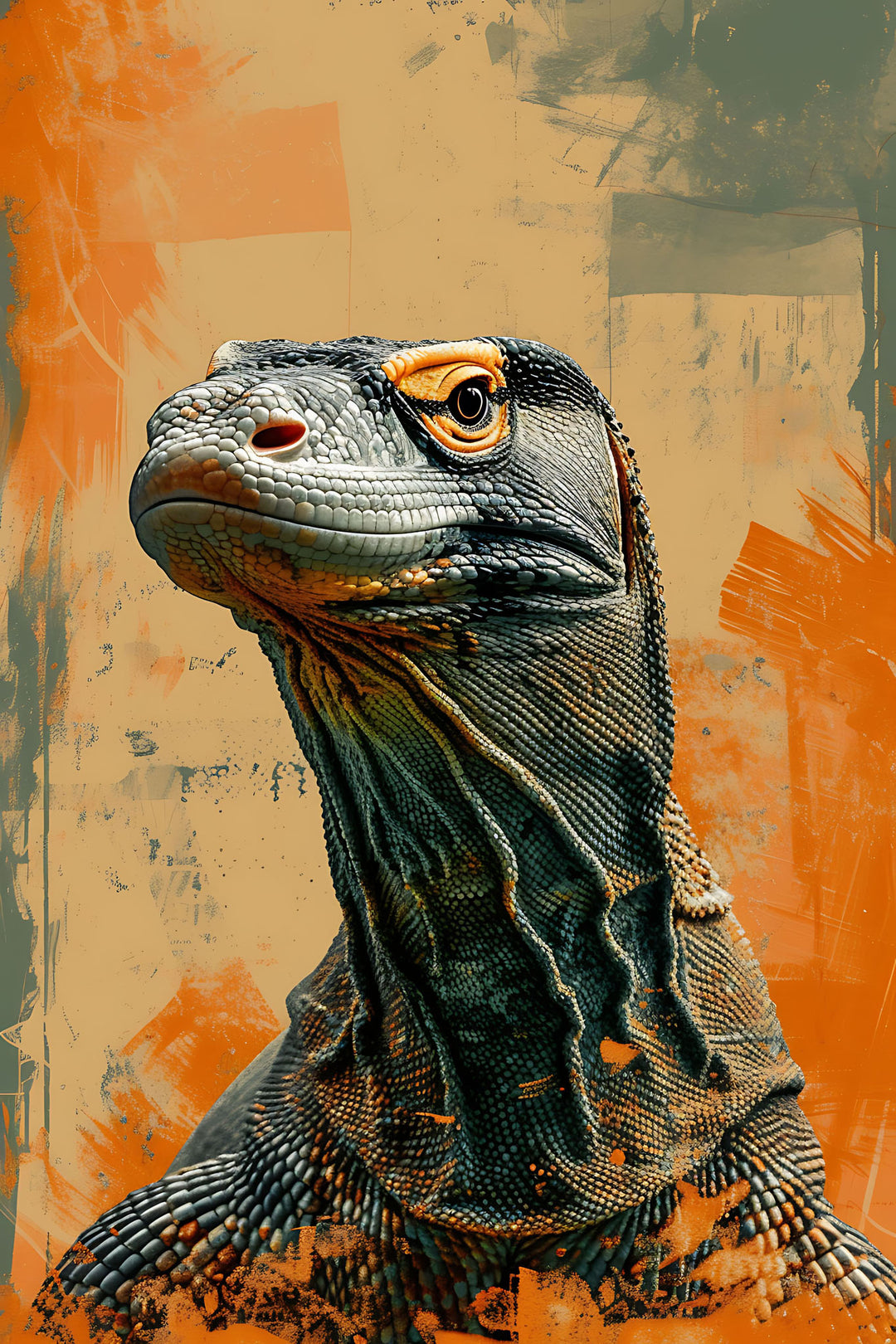 Wadi Home Komodo dragon portrait wall art with orange and green abstract background. Detailed scales and intense gaze.