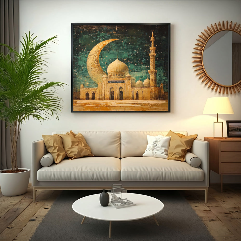 Wadi Home Islamic Mosque with Crescent Moon Wall Art, featuring a detailed mosque and golden crescent moon against a starry night sky.