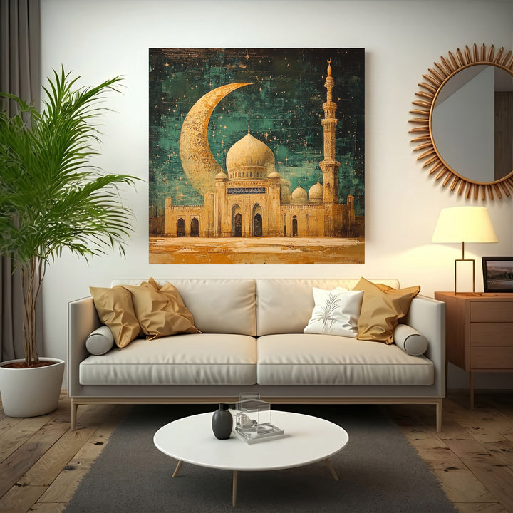 Wadi Home Islamic Mosque with Crescent Moon Wall Art, featuring a detailed mosque silhouette under a starry night sky and a glowing crescent moon.