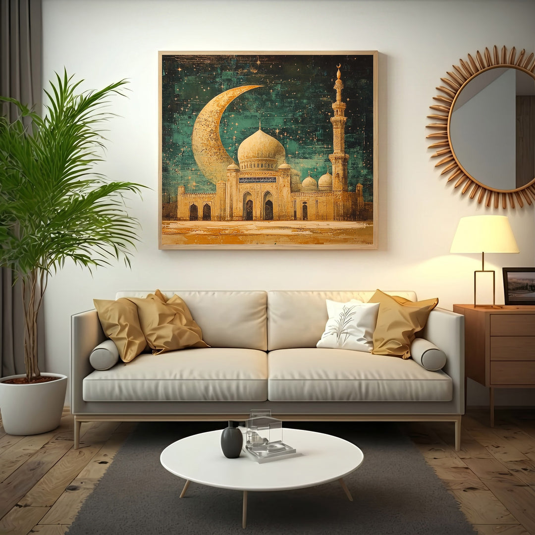 Wadi Home Islamic Mosque with Crescent Moon Wall Art, featuring a detailed mosque and large crescent moon against a starry night sky.