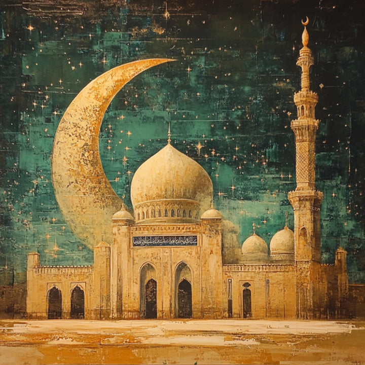 Wadi Home Islamic Mosque with Crescent Moon Wall Art, featuring a detailed mosque silhouette under a starry night sky and a glowing crescent moon.