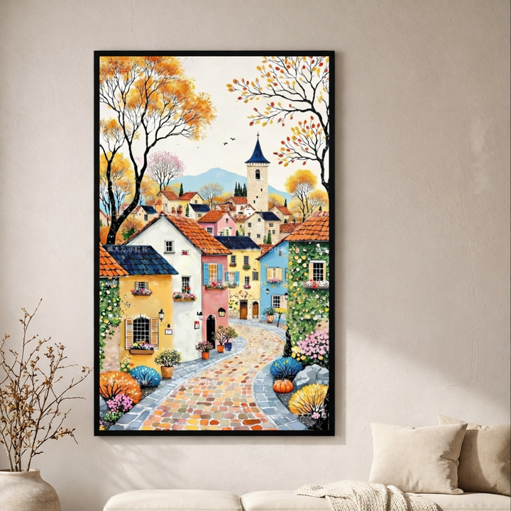 Autumn Village Street Canvas Wall Art