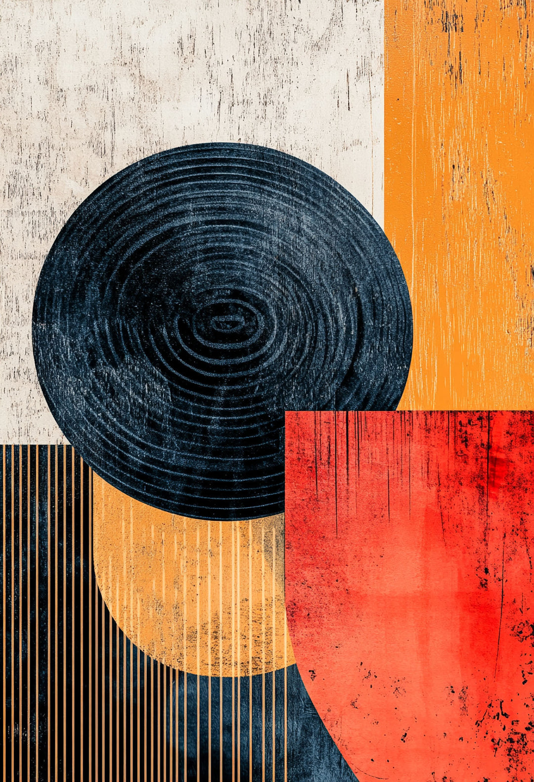Wadi Home abstract geometric wall art with bold orange, deep blue, and red textured shapes. Modern art for living rooms.