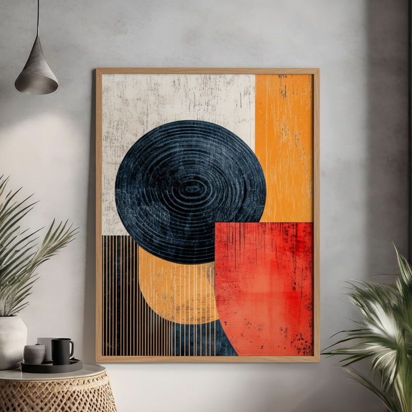 Abstract geometric shapes in black red and warm tones modern wall art