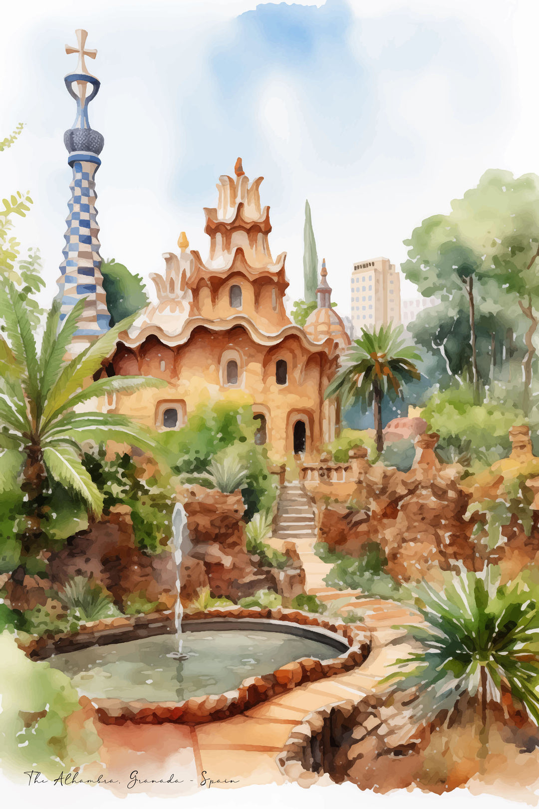 Wadi Home watercolor print of Park GÃ¼ell, Barcelona, Spain, featuring a fountain and unique architecture.