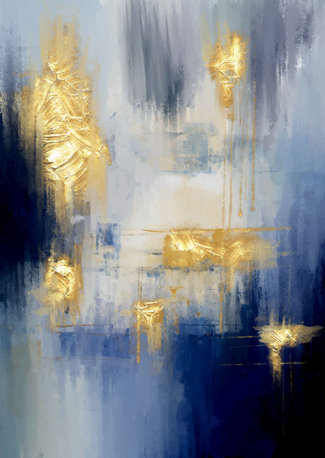 Wadi Home abstract canvas wall art with deep blues and gold leaf accents, vertical orientation.