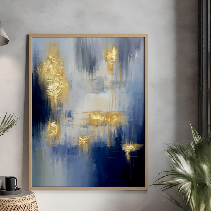 Abstract blue background with gold textured accents modern wall art