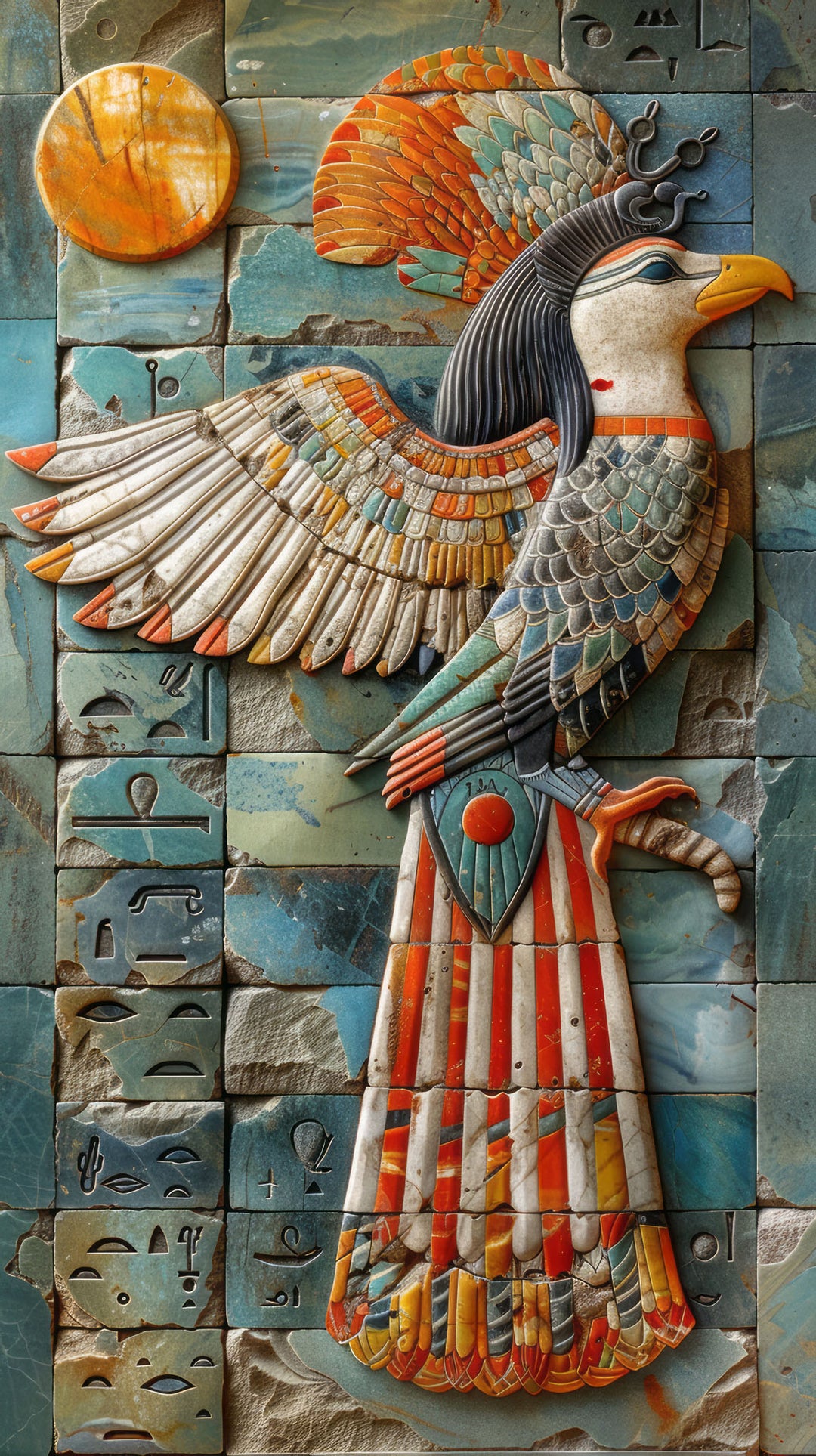 Wadi Home Ancient Egyptian winged deity wall art with textured finish, vibrant colors, and hieroglyphic details.