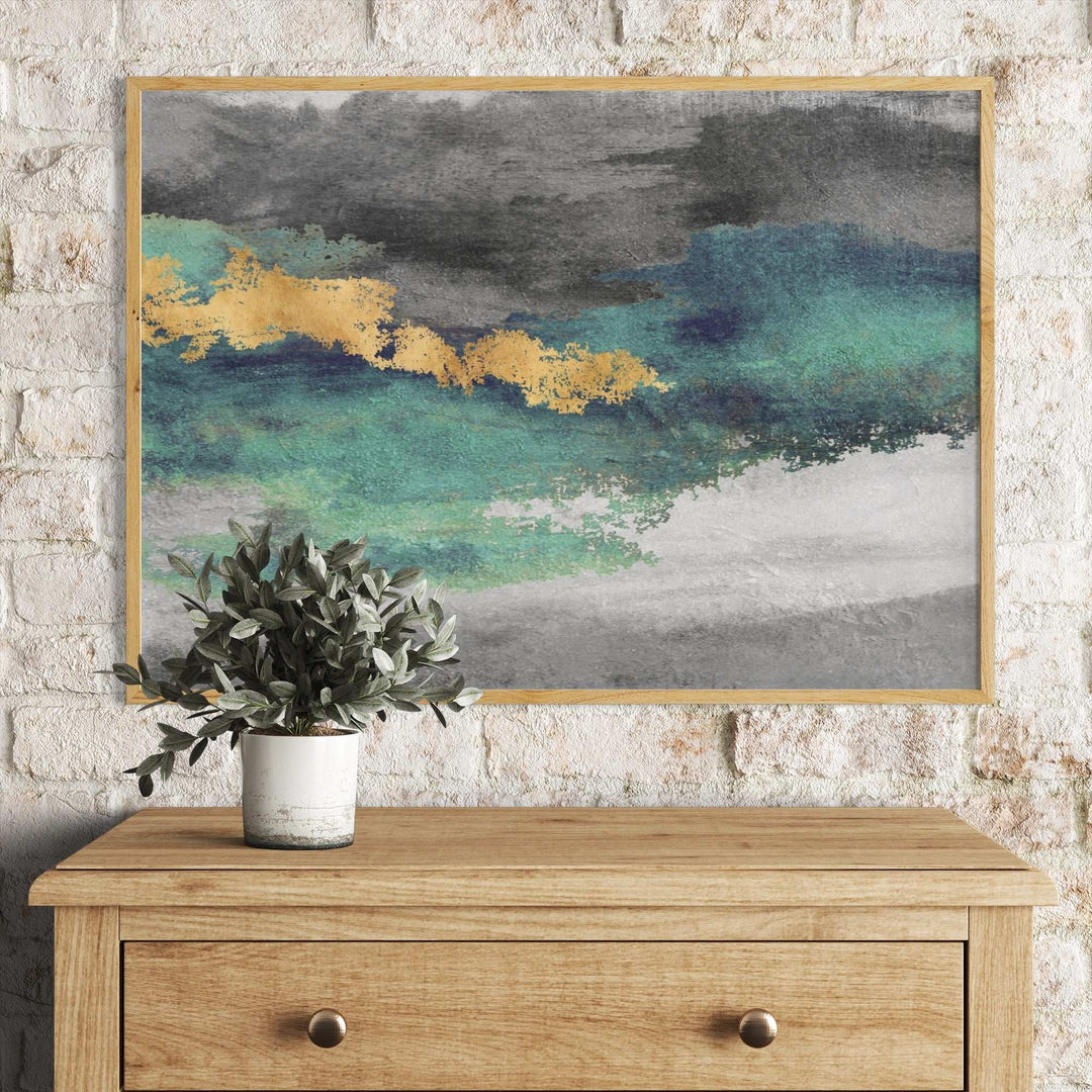 Abstract teal gray brushstrokes with gold accents modern wall art