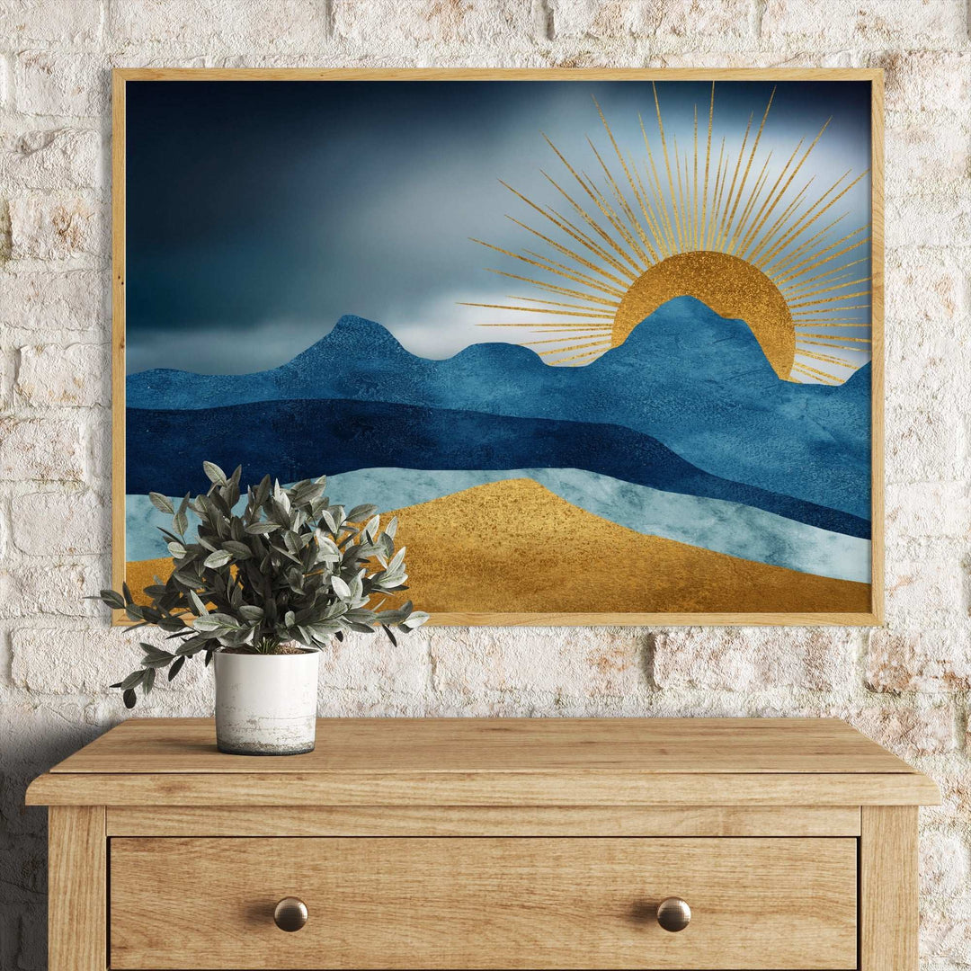 Abstract blue mountains with golden sun rays landscape wall art