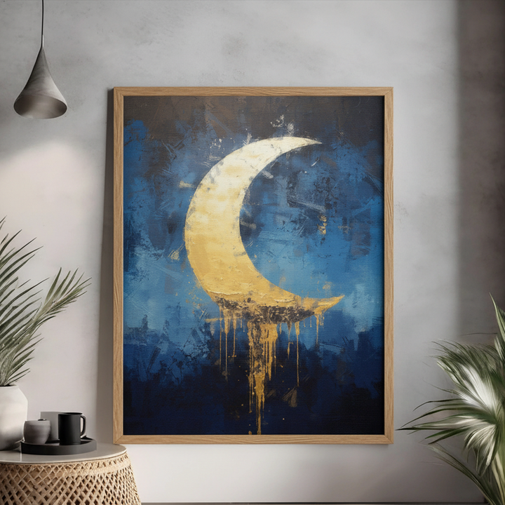 Golden crescent moon on textured blue abstract background wall art