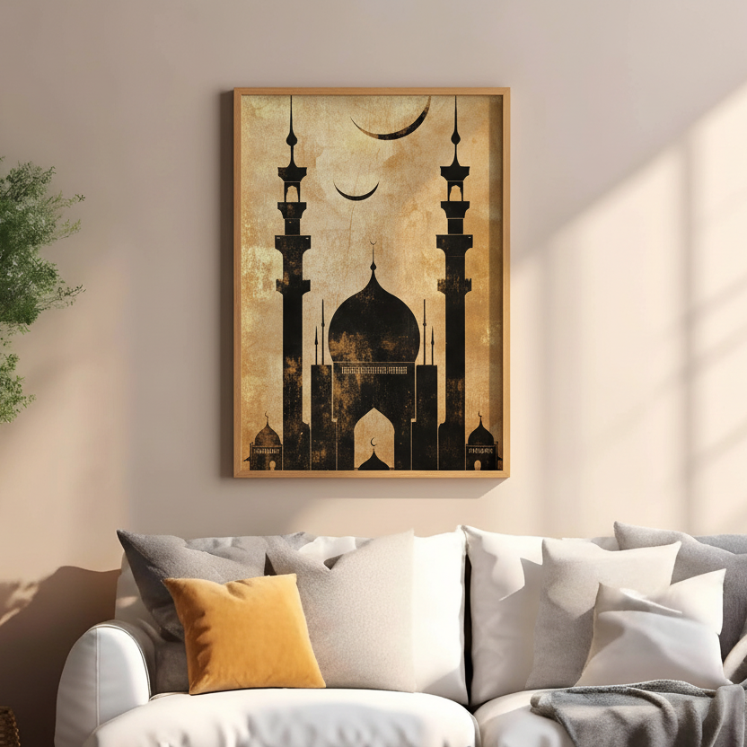 Mosque silhouette with crescent moon gold and black wall art