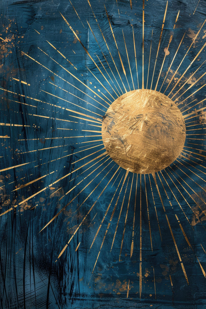 Wadi Home Abstract Sunburst Wall Art with golden sunburst on textured teal background.