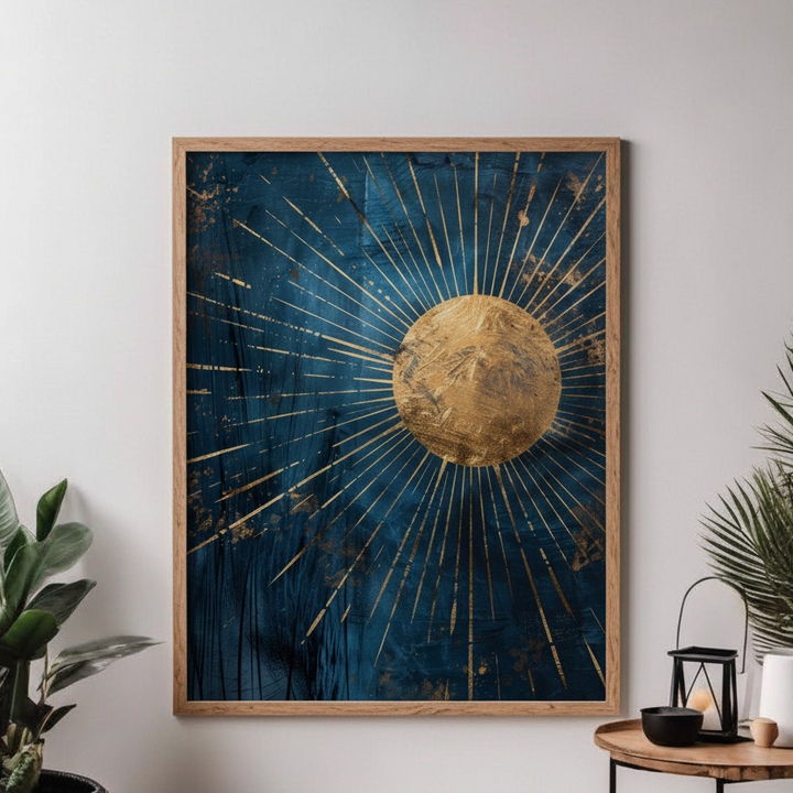 Golden sunburst on dark blue textured abstract wall art